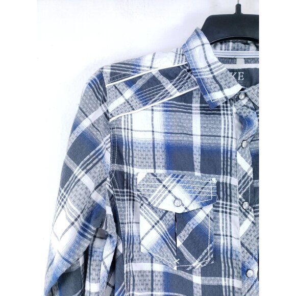 BKE Mens Medium Standard Fit Pearl Snap Western Shirt Blue Plaid Long Sleeve - Picture 4 of 8